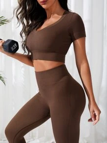 Yoga Basic 2入組無縫縫製的運動瑜伽套裝,v領上衣寬領帶打底褲健身女裝組