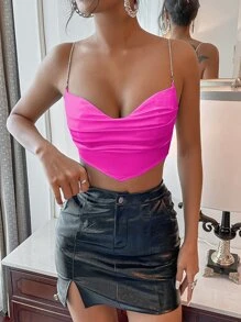 SHEIN BAE 垂墜頭巾下擺後背繫帶緞面水鑽吊帶上衣 - 玫紅色 - 查看 1