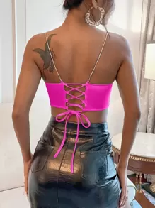 SHEIN BAE 垂墜頭巾下擺後背繫帶緞面水鑽吊帶上衣 - 玫紅色 - 查看 2