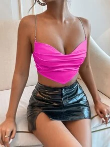 SHEIN BAE 垂墜頭巾下擺後背繫帶緞面水鑽吊帶上衣 - 玫紅色 - 查看 3