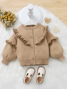 Toddler Girls Ruffle Trim Lantern Sleeve Cardigan - Brown - View 1