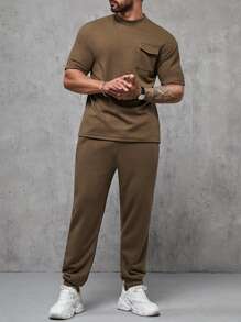 Manfinity Bộ hai mảnh Nam Túi màu trơn Giải trí - màu nâu - Xem 3