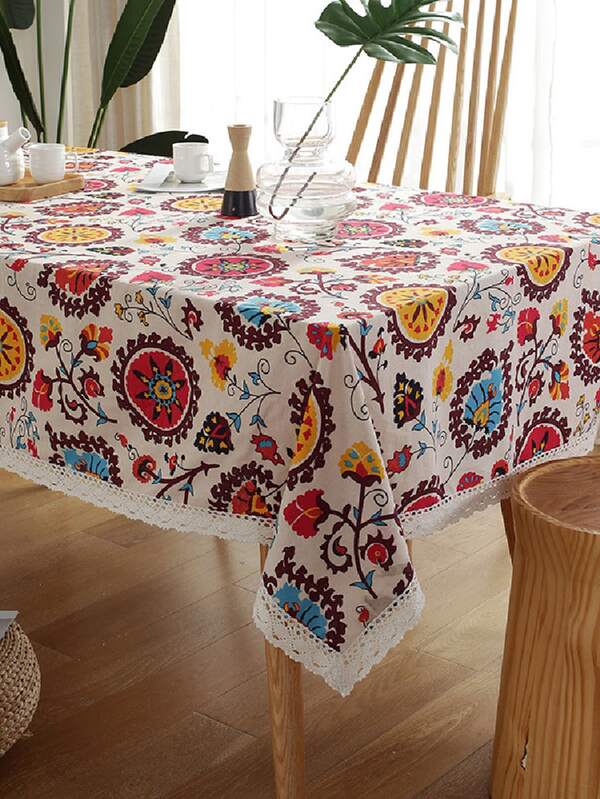 Floral Print Guipure Lace Trim Tablecloth
