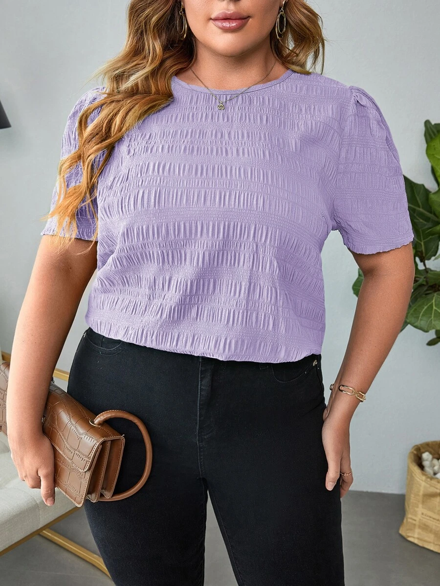 SHEIN Clasi 大碼素色泡泡袖襯衫 - 紫丁香色 - 查看 1