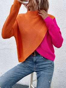 SHEIN LUNE Áo len cổ cao hai tông màu, vai rớt, chất liệu dệt kim, thích hợp cho mùa thu đông. - Nhiều màu - Xem 1