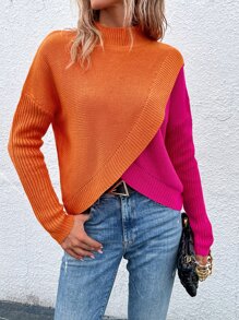 SHEIN LUNE Áo len cổ cao hai tông màu, vai rớt, chất liệu dệt kim, thích hợp cho mùa thu đông. - Nhiều màu - Xem 2