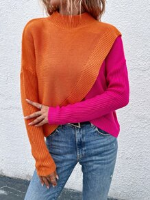 SHEIN LUNE Áo len cổ cao hai tông màu, vai rớt, chất liệu dệt kim, thích hợp cho mùa thu đông. - Nhiều màu - Xem 3