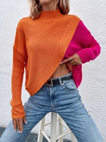 SHEIN LUNE Áo len cổ cao hai tông màu, vai rớt, chất liệu dệt kim, thích hợp cho mùa thu đông. - Nhiều màu - Xem 4