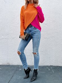 SHEIN LUNE Áo len cổ cao hai tông màu, vai rớt, chất liệu dệt kim, thích hợp cho mùa thu đông. - Nhiều màu - Xem 5