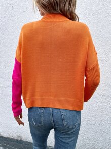 SHEIN LUNE Áo len cổ cao hai tông màu, vai rớt, chất liệu dệt kim, thích hợp cho mùa thu đông. - Nhiều màu - Xem 6