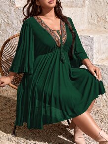 SHEIN VCAY Plus Flounce Sleeve Embroidery Tape Trim Tassel Knot Front Dress - Dark Green - View 4
