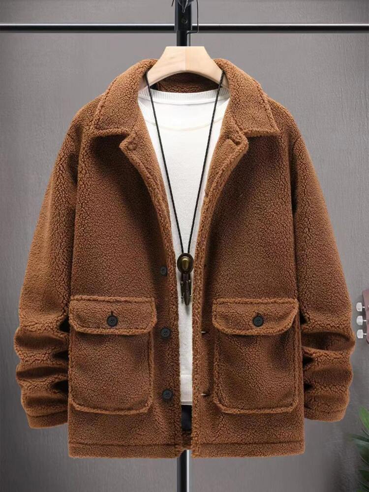 Manfinity Men Flap Pocket Teddy Coat Without Tee - Coffee Brown - View 1
