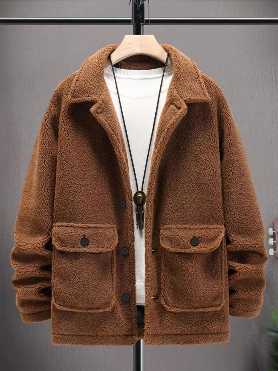 Manfinity Men Flap Pocket Teddy Coat Without Tee - Coffee Brown - View 1