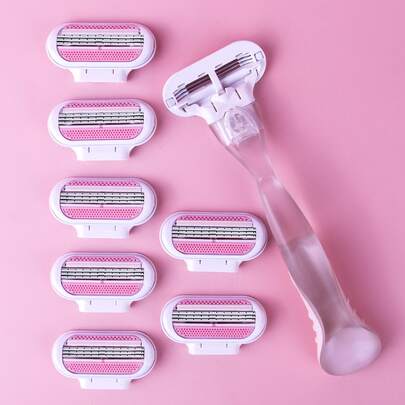 1 Tay cầm + 8 lưỡi dao/Máy cạo lông vùng bikini cho nữ, lưỡi dao thay thế 3 lớp bằng thép không gỉ, đầu cạo màu hồng, sản phẩm chăm sóc tóc thiết yếu cho salon, làm đẹp và du lịch, quà tặng ngày Valentine.