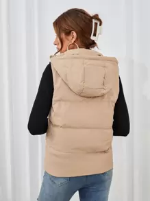 SHEIN Frenchy Áo khoác không tay có mũ trùm đầu màu đen có túi xéo có khóa kéo - Màu Khaki - Xem 2