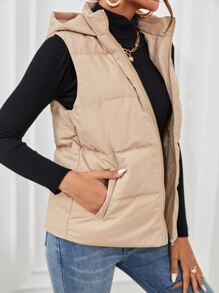 SHEIN Frenchy Áo khoác không tay có mũ trùm đầu màu đen có túi xéo có khóa kéo - Màu Khaki - Xem 3