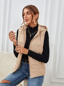 SHEIN Frenchy Áo khoác không tay có mũ trùm đầu màu đen có túi xéo có khóa kéo - Màu Khaki - Xem 4