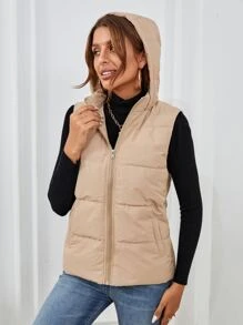 SHEIN Frenchy Áo khoác không tay có mũ trùm đầu màu đen có túi xéo có khóa kéo - Màu Khaki - Xem 5