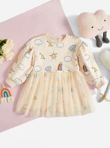CakeSpy Toddler Girls Cartoon Graphic Mesh Overlay Dress