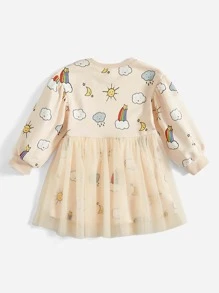 CakeSpy Toddler Girls Cartoon Graphic Mesh Overlay Dress