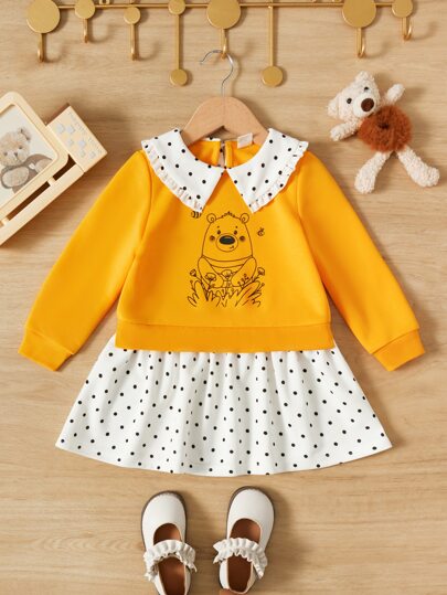 SHEIN X Jelisart Toddler Girls Cartoon & Polka Dot Print Contrast Collar Dress