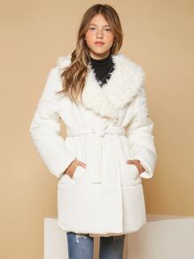 SHEIN Teen Girls Fuzzy Panel Slant Pocket Belted Padded Coat - White - View 2