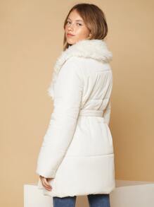 SHEIN Teen Girls Fuzzy Panel Slant Pocket Belted Padded Coat - White - View 3