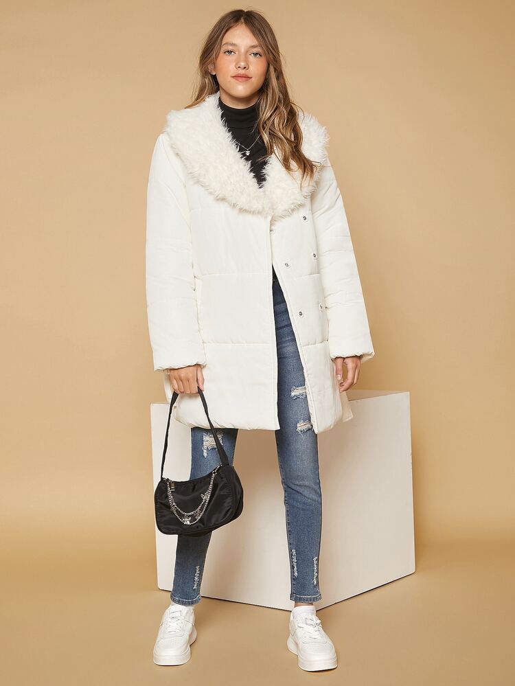 SHEIN 少女毛绒拼接斜口袋系带夹棉大衣 - 白色 - 查看 4