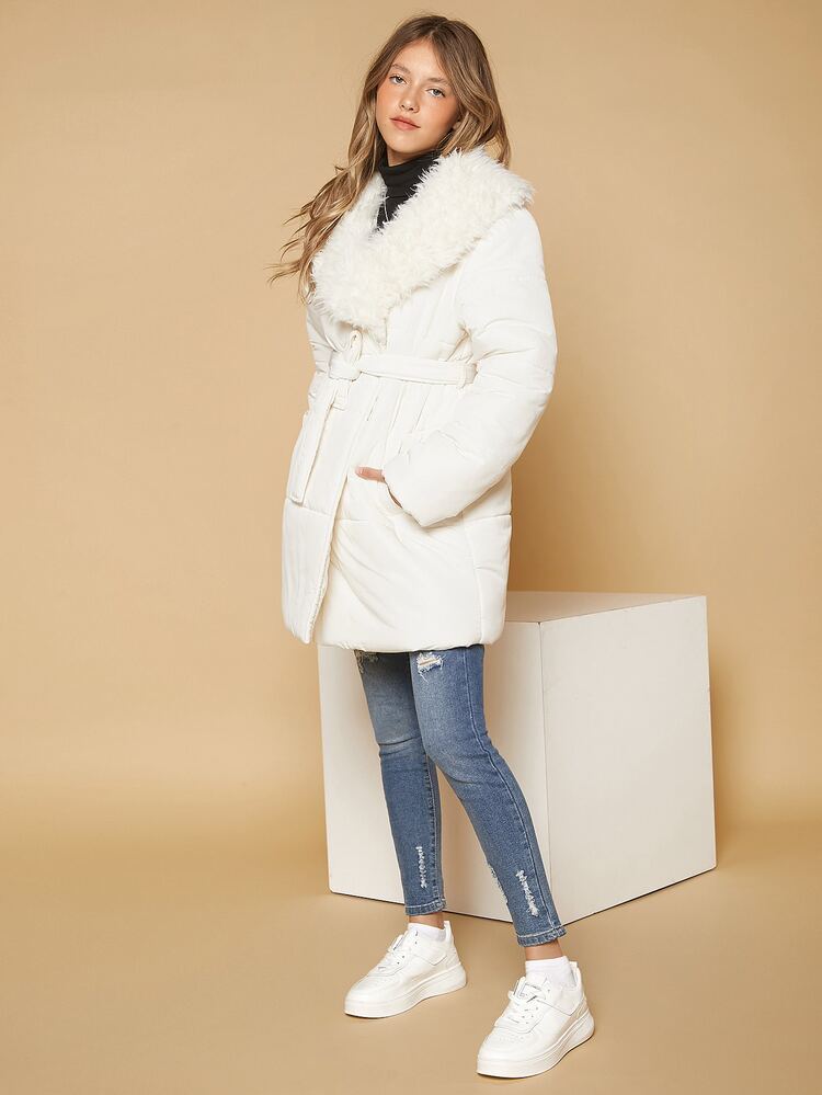 SHEIN 少女毛绒拼接斜口袋系带夹棉大衣 - 白色 - 查看 5