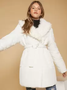 SHEIN Teen Girls Fuzzy Panel Slant Pocket Belted Padded Coat - White - View 1