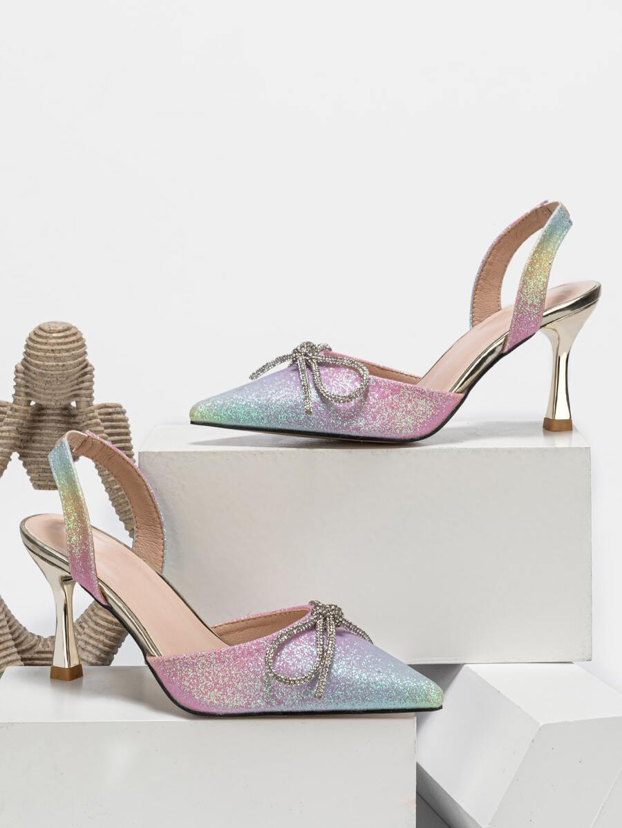 Tacones brillante de ombré con diamante de imitación & con diseño de lazo de talón abierto - Multicolor - Ver 1