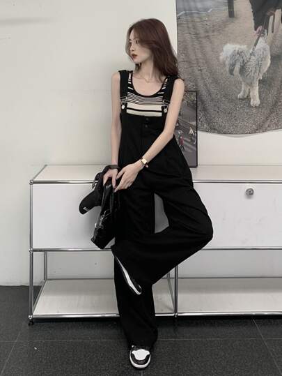 Honeyspot 無地柄 ワイドレッグ タンクトップなし オーバーオール パンツ