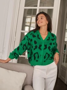 SHEIN Frenchy Graphic Pattern Drop Shoulder Cardigan - Green - View 4