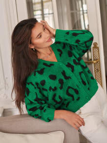 SHEIN Frenchy Graphic Pattern Drop Shoulder Cardigan - Green - View 3
