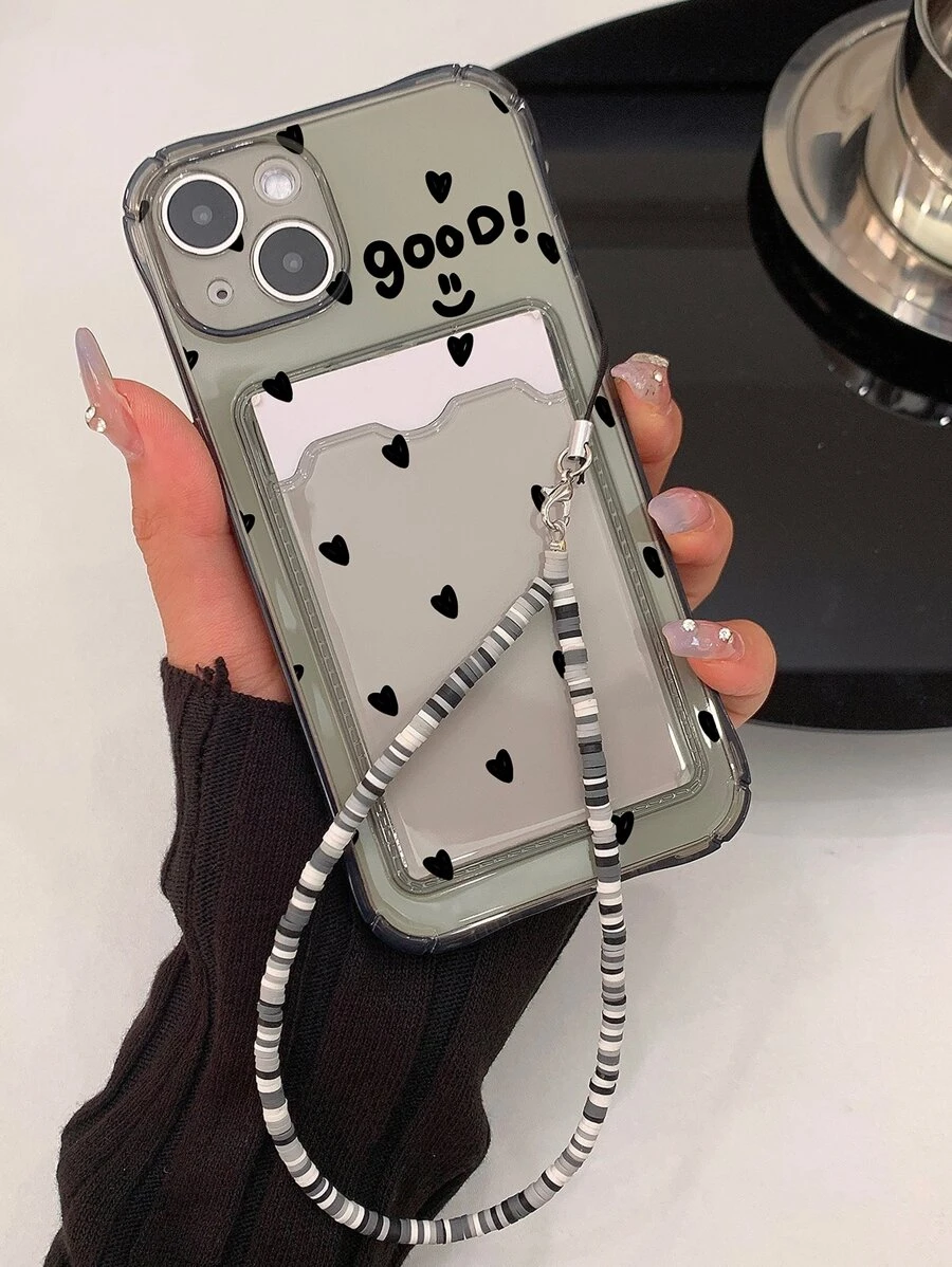 心形印花透明手機殼帶卡槽和掛繩相容 iPhone15/15Plus/15Pro/15Promax - 灰色 - 查看 1