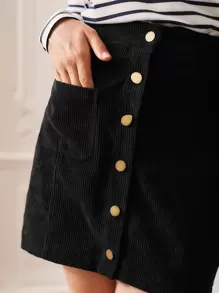 SHEIN Frenchy Button Front Corduroy Skirt - Black - View 4