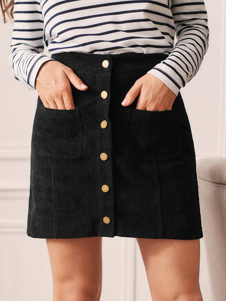 SHEIN Frenchy Button Front Corduroy Skirt - Black - View 5