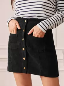SHEIN Frenchy Button Front Corduroy Skirt - Black - View 2