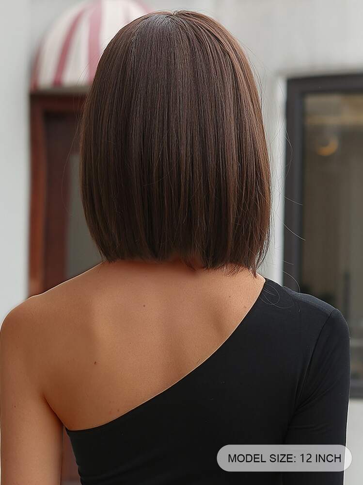 Brunt Medium Del Naturell Kort Rak Peruk 12 tum Brunt Bob Peruker Syntetisk Värmeresistent Peruker För kvinnor Daglig Party Peruker - Brun - Visa 3