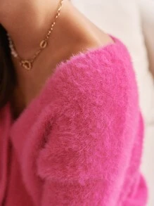 SHEIN Frenchy Cárdigan con botón delantero de peluche - Rosa Fucsia - Ver 2