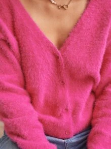 SHEIN Frenchy Cárdigan con botón delantero de peluche - Rosa Fucsia - Ver 4