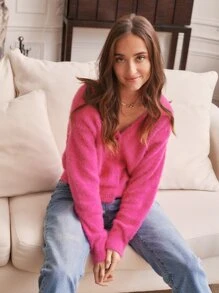SHEIN Frenchy Cárdigan con botón delantero de peluche - Rosa Fucsia - Ver 5