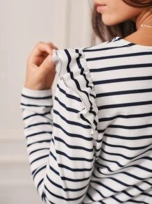 RueChic Striped Print Ruffle Trim Button Back Tee - Black and White - View 4