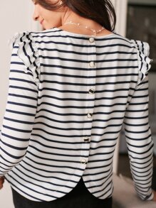 RueChic Striped Print Ruffle Trim Button Back Tee - Black and White - View 6