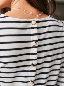 RueChic Striped Print Ruffle Trim Button Back Tee - Black and White - View 7