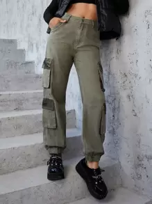 Camo Print Flap Pocket Side Cargo Jeans - Army Green - View 1