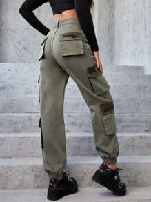 Camo Print Flap Pocket Side Cargo Jeans - Army Green - View 2