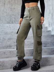 Camo Print Flap Pocket Side Cargo Jeans - Army Green - View 3