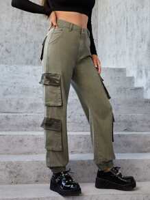 Camo Print Flap Pocket Side Cargo Jeans - Army Green - View 4