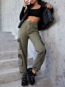 Camo Print Flap Pocket Side Cargo Jeans - Army Green - View 5